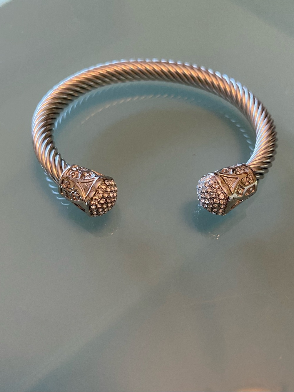 Rhodium-Tone Pave End Cap Cable Cuff Bracelet - Silver